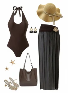 مایو یکسره قهوه ای با رومایویی کد 684