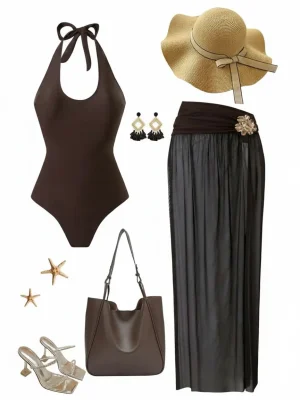 مایو یکسره قهوه ای با رومایویی کد 684