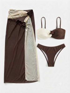 مایو ۳ تکه کرم قهوه ای کد 588